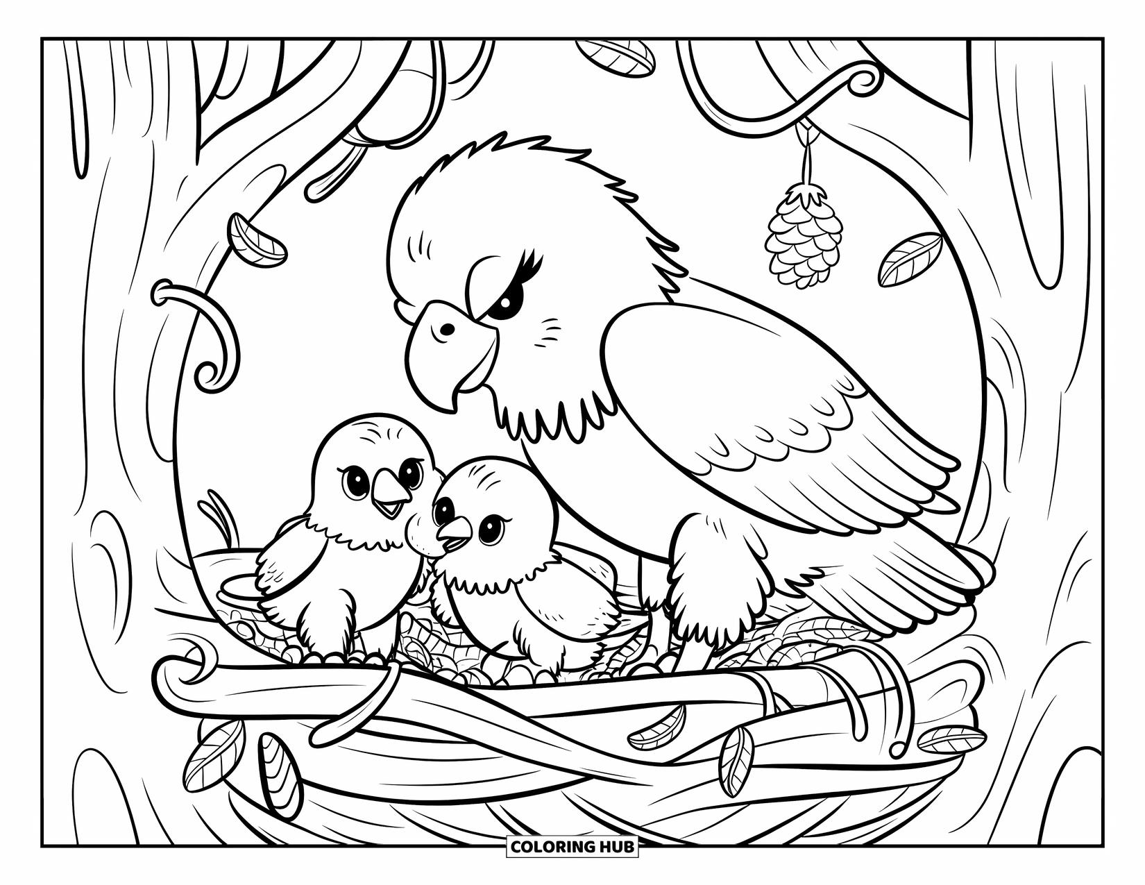 Coloriage d'aigle pour adultes : Deux poussins joueurs se blottissent sous leur maman aigle dans un grand arbre
