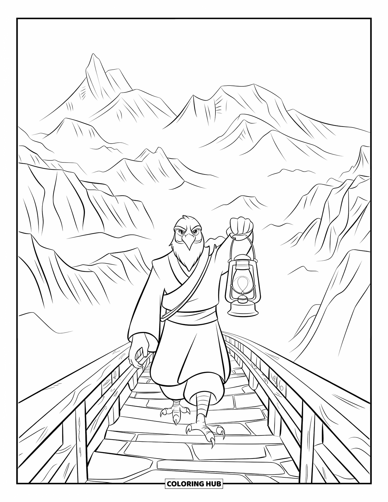 Coloriage d'aigle pour enfants : Un aigle voyageur barbu traverse un haut pont au-dessus de pics montagneux brumeux