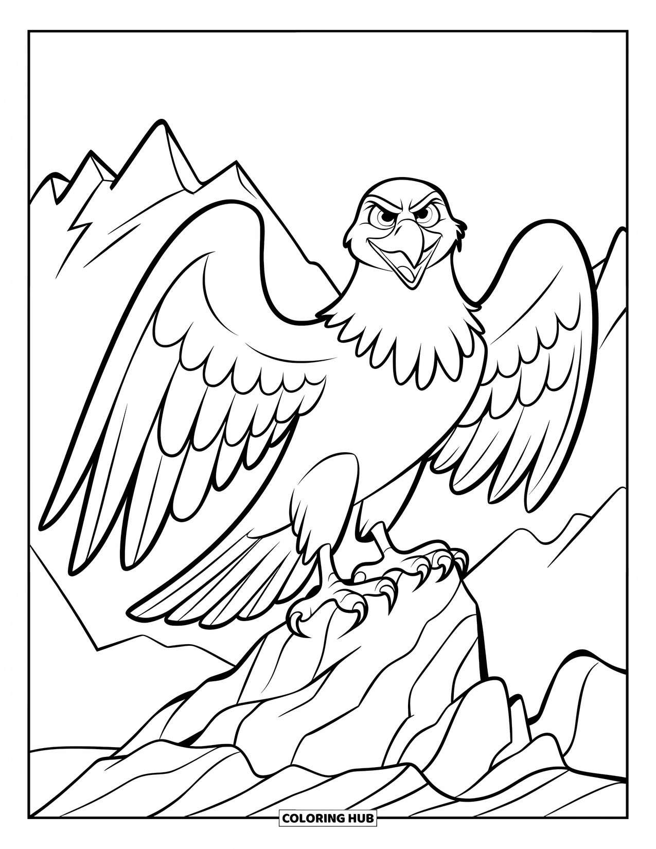 Coloriage d'aigle pour enfants : Un aigle audacieux est perché sur des rochers avec des montagnes acérées au loin