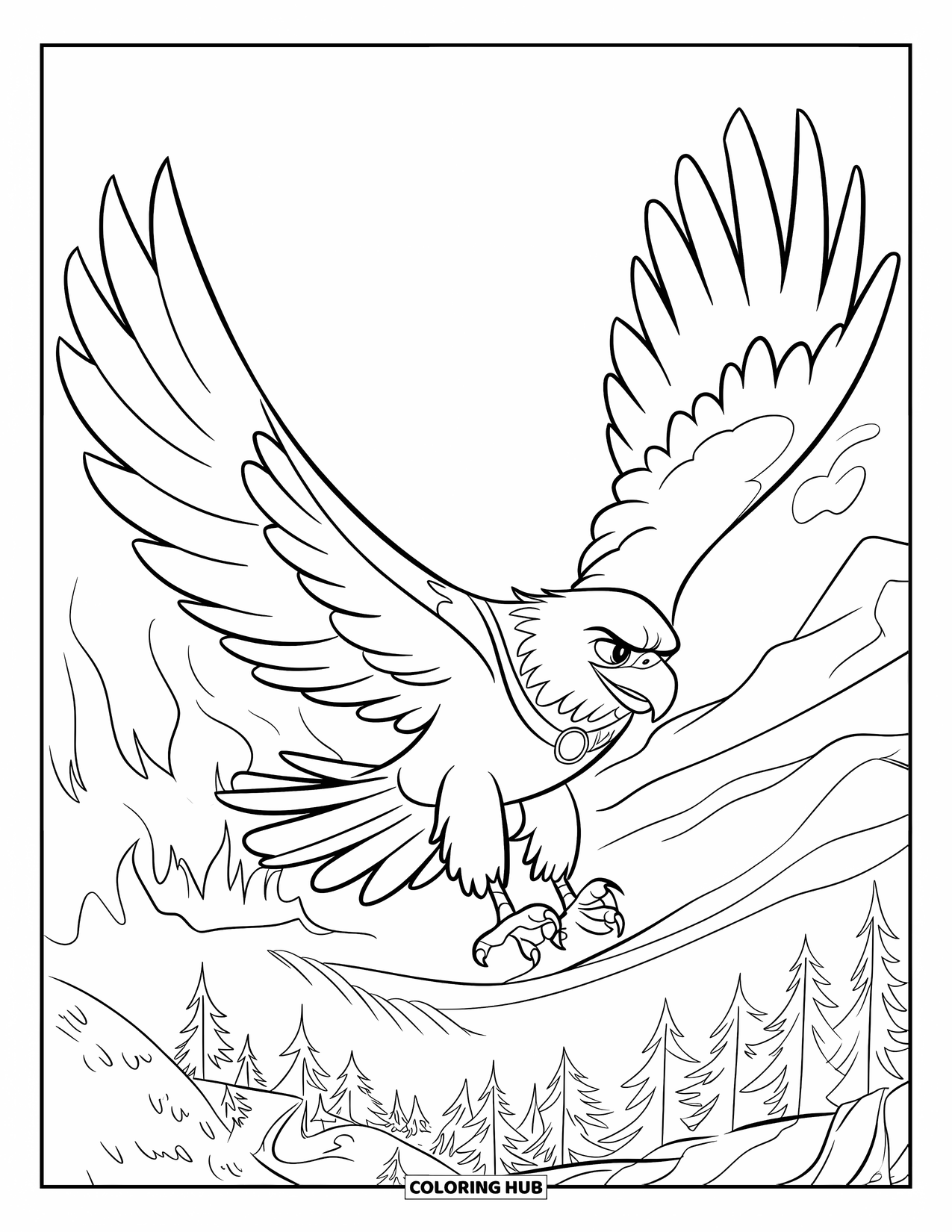 Coloriage d'aigle pour enfants : Un aigle héros capé vole au-dessus de bois en feu avec des flammes et de la fumée qui montent