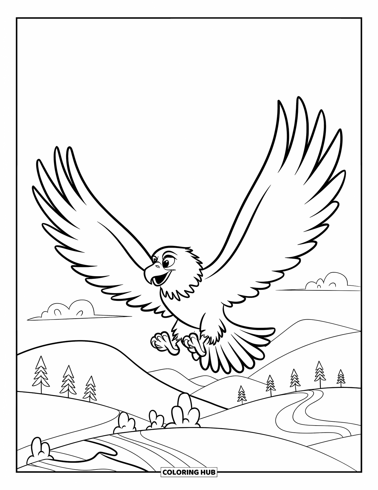 Coloriage d'aigle pour enfants : Un aigle joyeux plane au-dessus de collines ondulantes et de quelques nuages duveteux