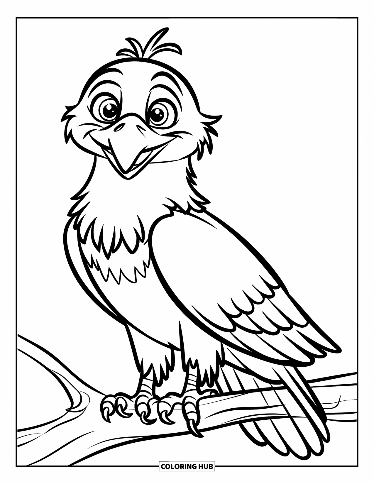 Coloriage d'aigle pour enfants : Un aigle joyeux avec des touffes duveteuses est perché sur une branche