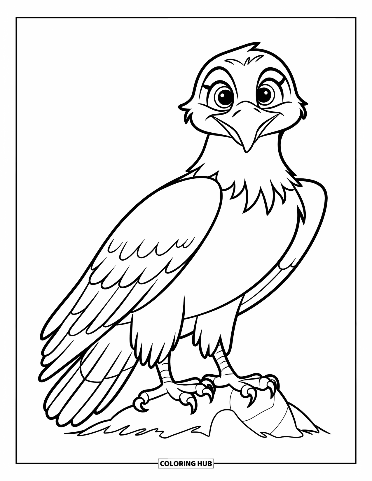 Coloriage d'aigle pour enfants : Un aigle joyeux avec de grandes ailes se tient sur un rocher, prêt à voler