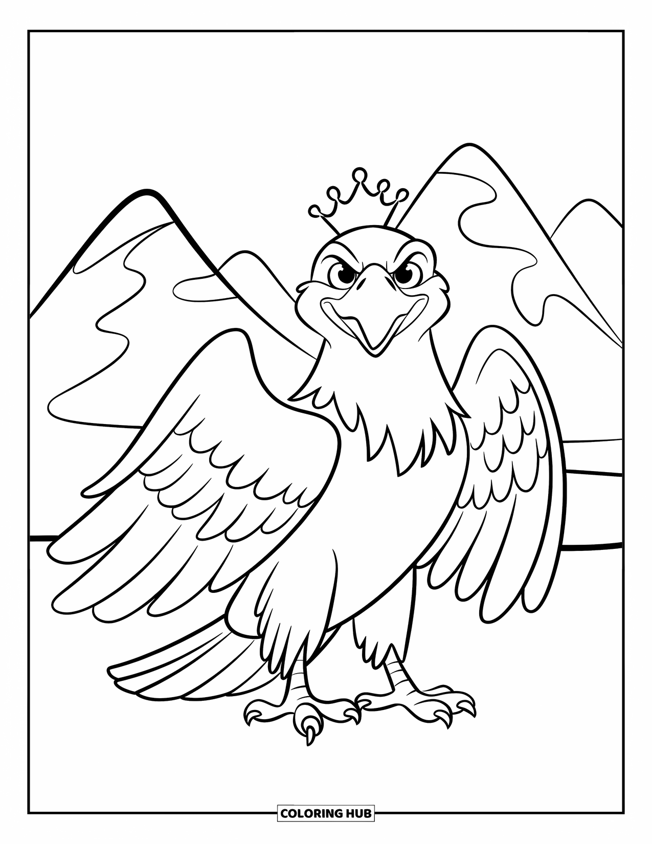 Coloriage d'aigle pour enfants : Un aigle couronné se tient fièrement avec les ailes déployées devant des montagnes