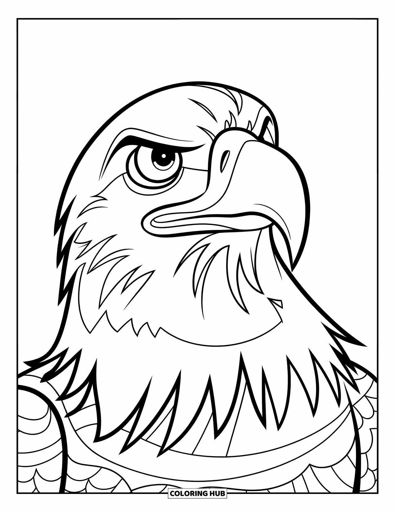 Coloriage d'aigle pour enfants : Un visage d'aigle curieux regarde vers le haut avec un bec audacieux et des détails simples