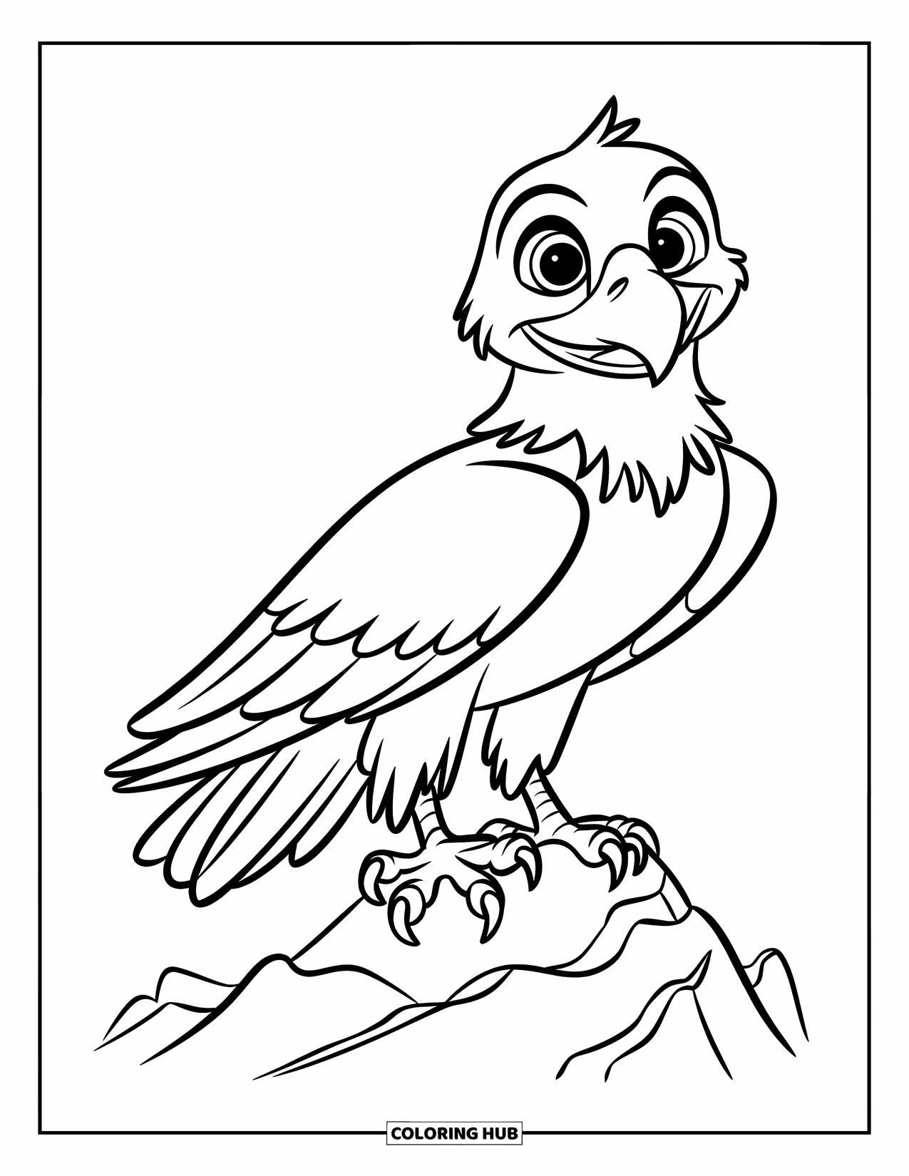 Coloriage d'aigle pour enfants : Un aigle mignon avec de grandes ailes se tient fièrement sur un rocher