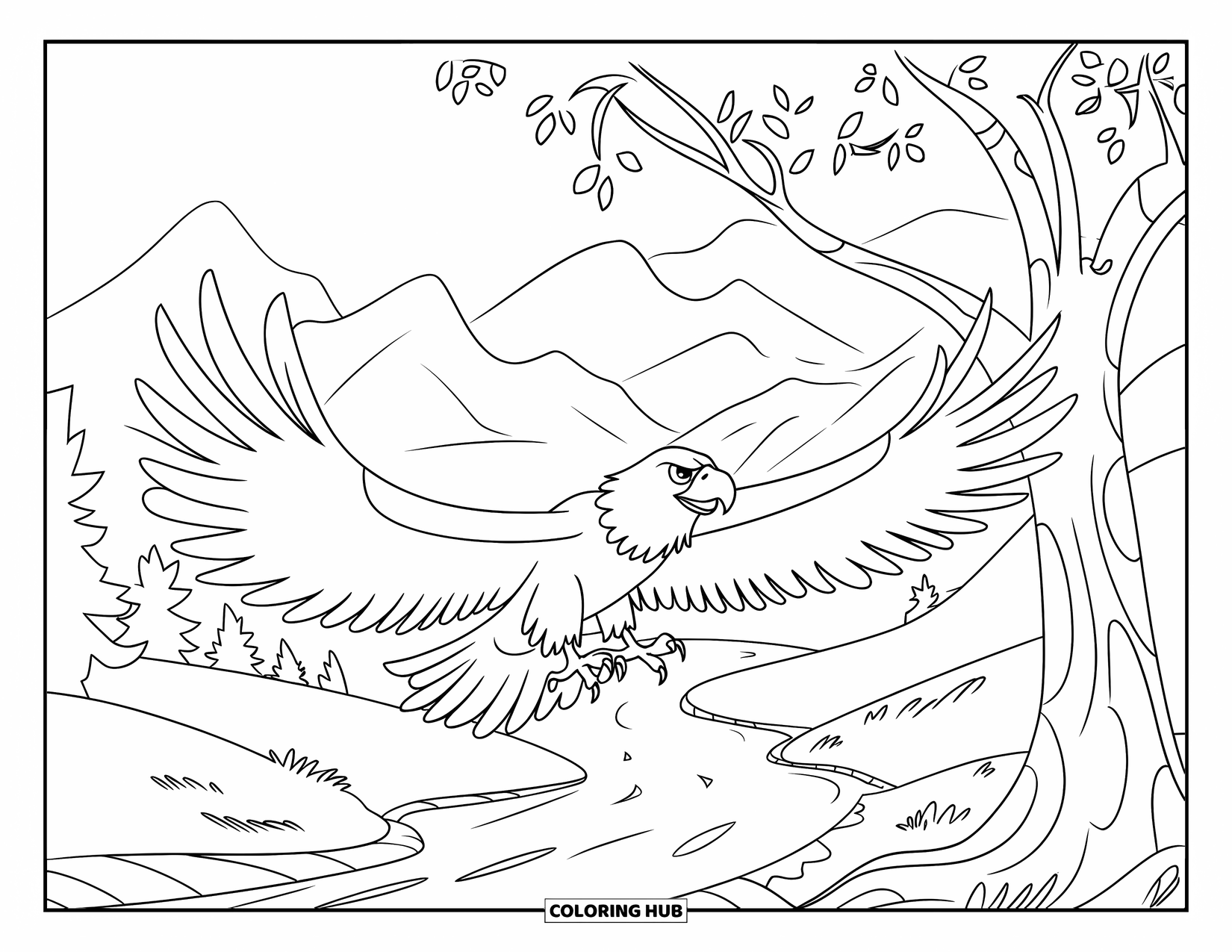 Coloriage d'aigle pour enfants : Un aigle volant flotte au-dessus d'une rivière calme et d'une forêt