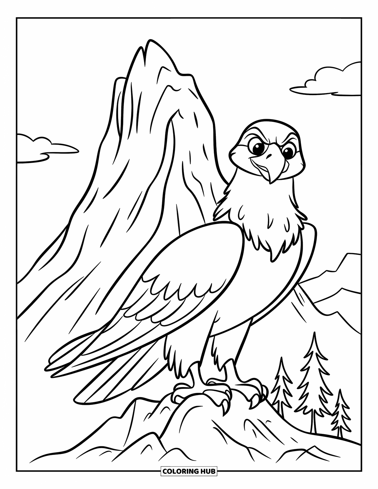 Coloriage d'aigle pour enfants : Un aigle doux se repose près d'une montagne accidentée avec quelques arbres