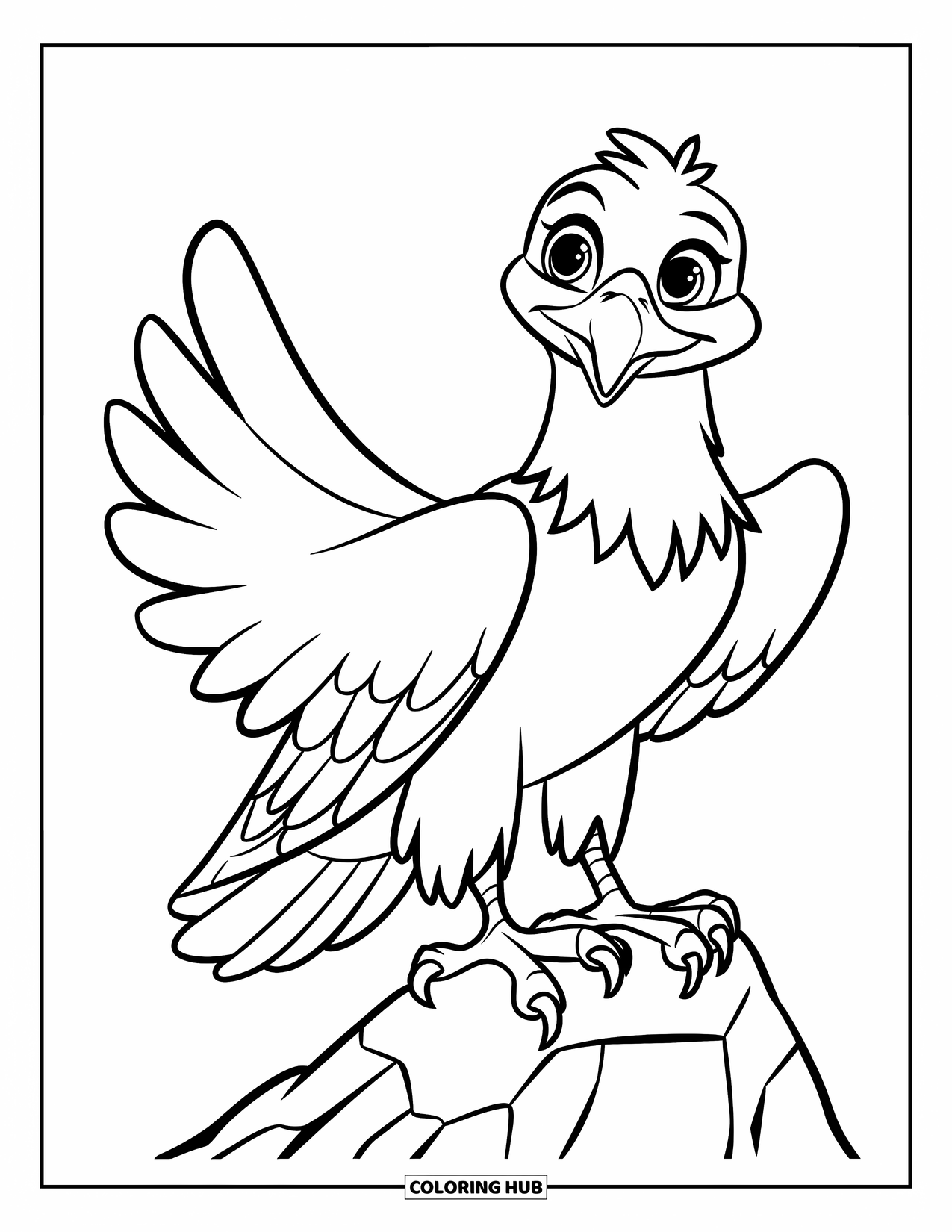 Coloriage d'aigle pour enfants : Un joyeux petit aigle avec des plumes simples se tient sur un rocher, prêt à s'amuser