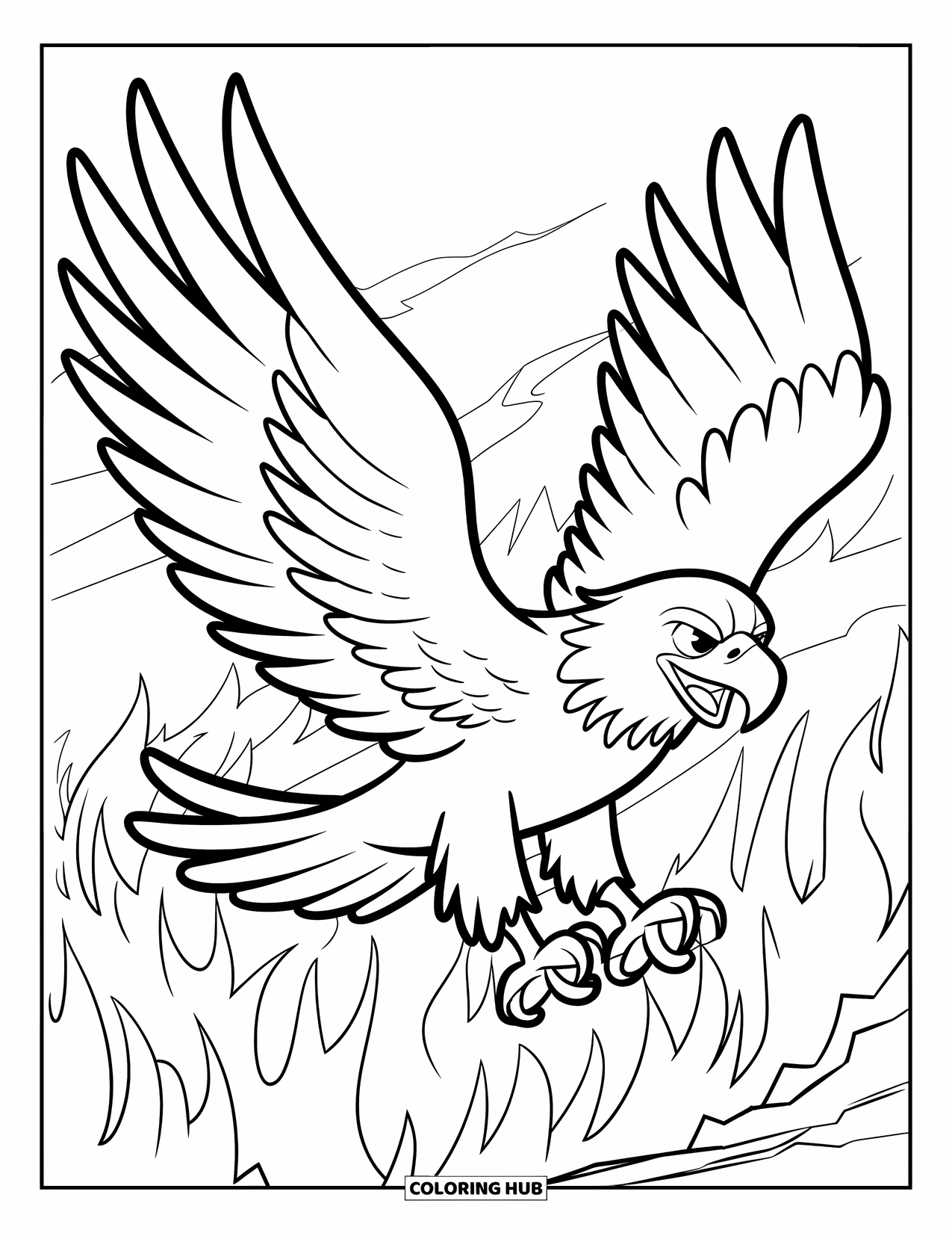 Coloriage d'aigle pour enfants : Un aigle héroïque plane au-dessus d'une forêt en flammes, alerte et prêt