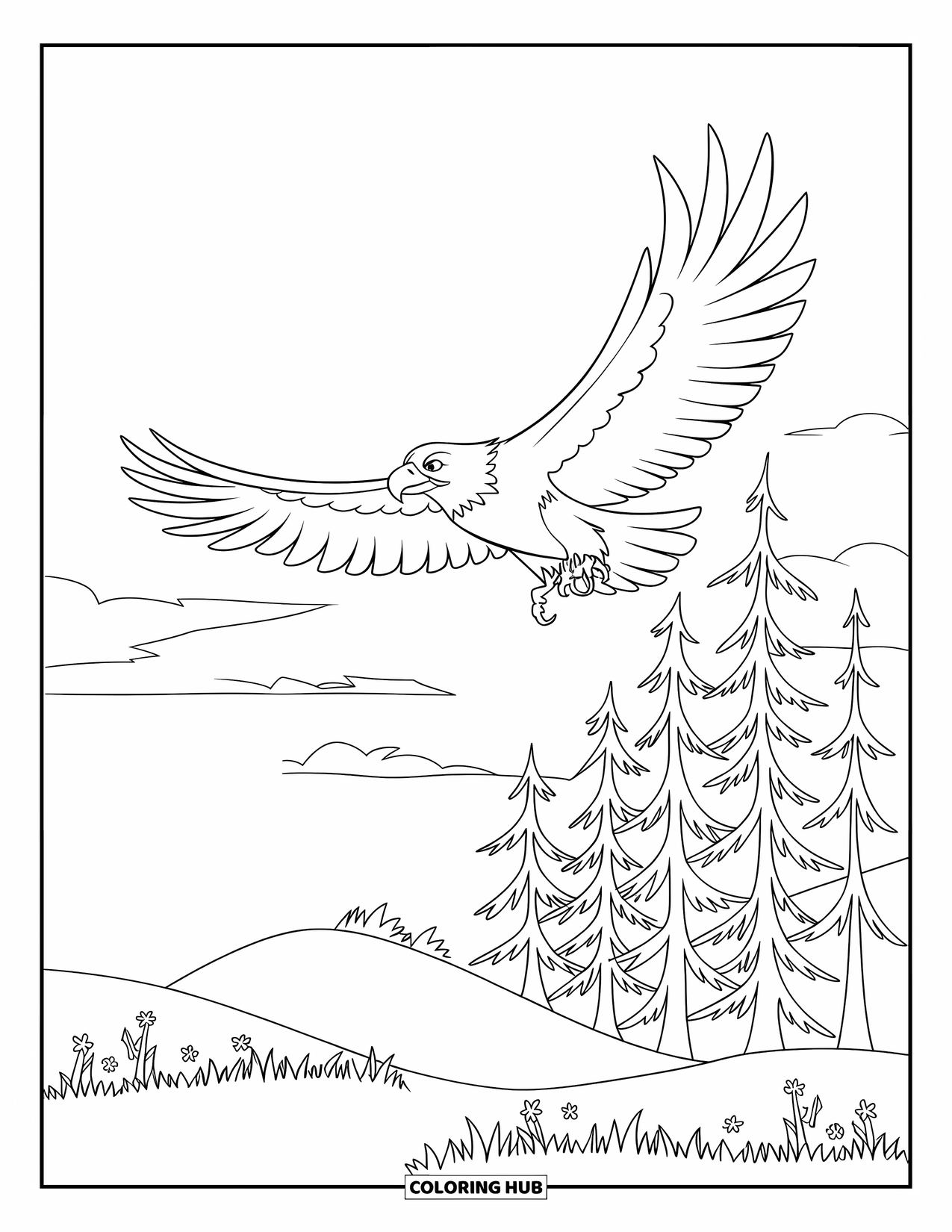Coloriage d'aigle pour enfants : Un aigle volant haut plane au-dessus des collines, des arbres et des fleurs sauvages