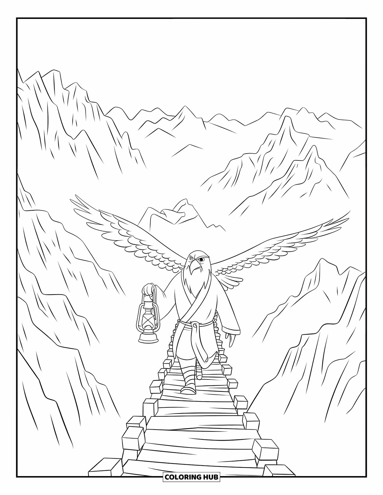Coloriage d'aigle pour enfants : Un aigle éclairé par une lanterne traverse un pont suspendu au-dessus de pics et de falaises brumeux