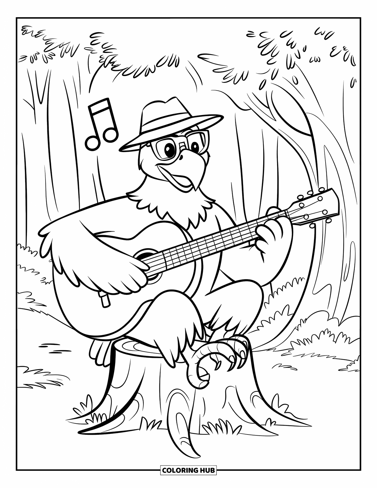 Coloriage d'aigle pour enfants : Un aigle musicien joue de la guitare sur une souche avec des notes flottant au-dessus