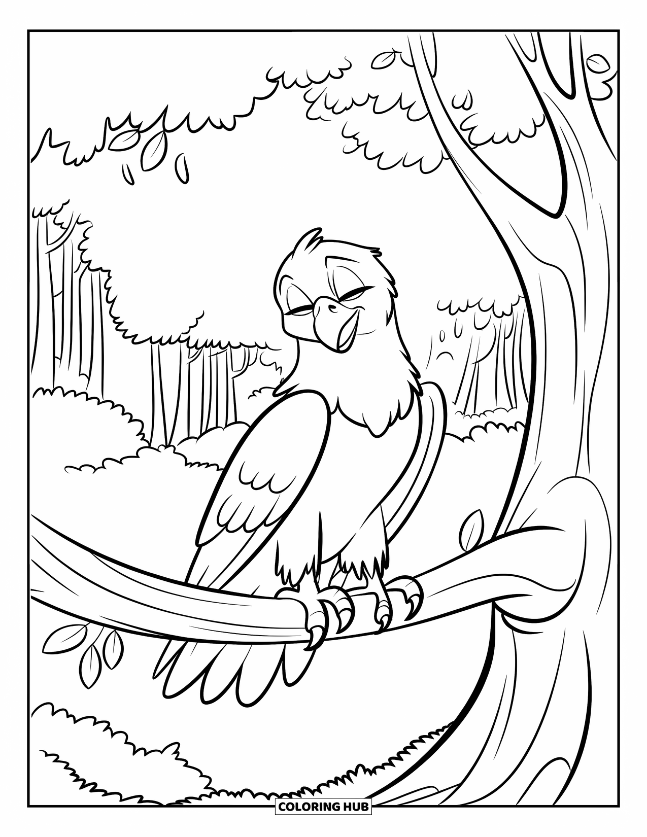 Coloriage d'aigle pour enfants : Un aigle paisible est assis sur une branche d'arbre avec ses ailes doucement déployées