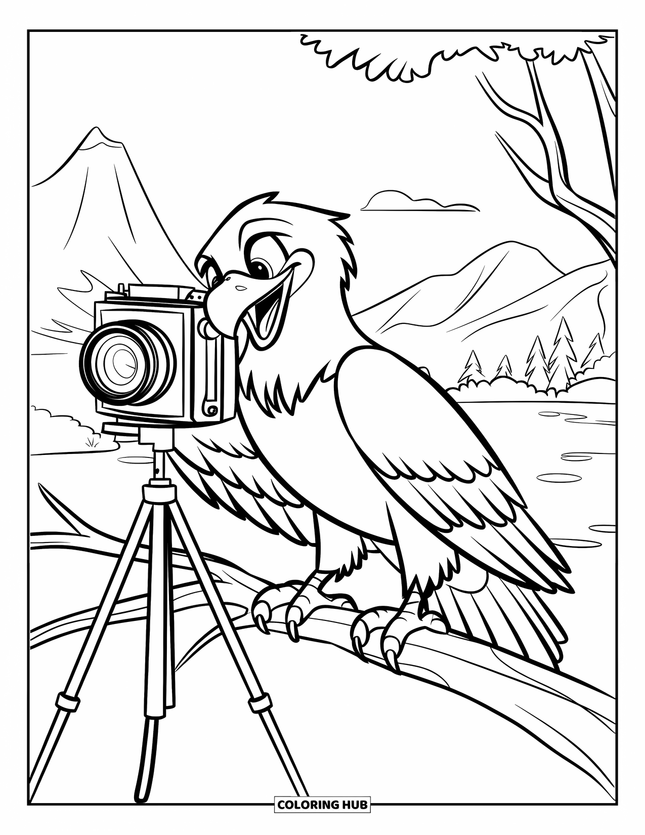 Coloriage d'aigle pour enfants : Un aigle perché capture une vue paisible à l'aide d'un appareil photo vintage