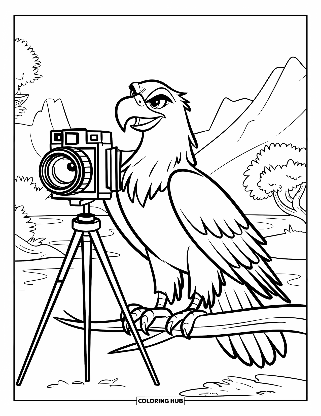 Coloriage d'aigle pour enfants : Un aigle photographe prend une photo avec un appareil photo vintage sur une branche pittoresque