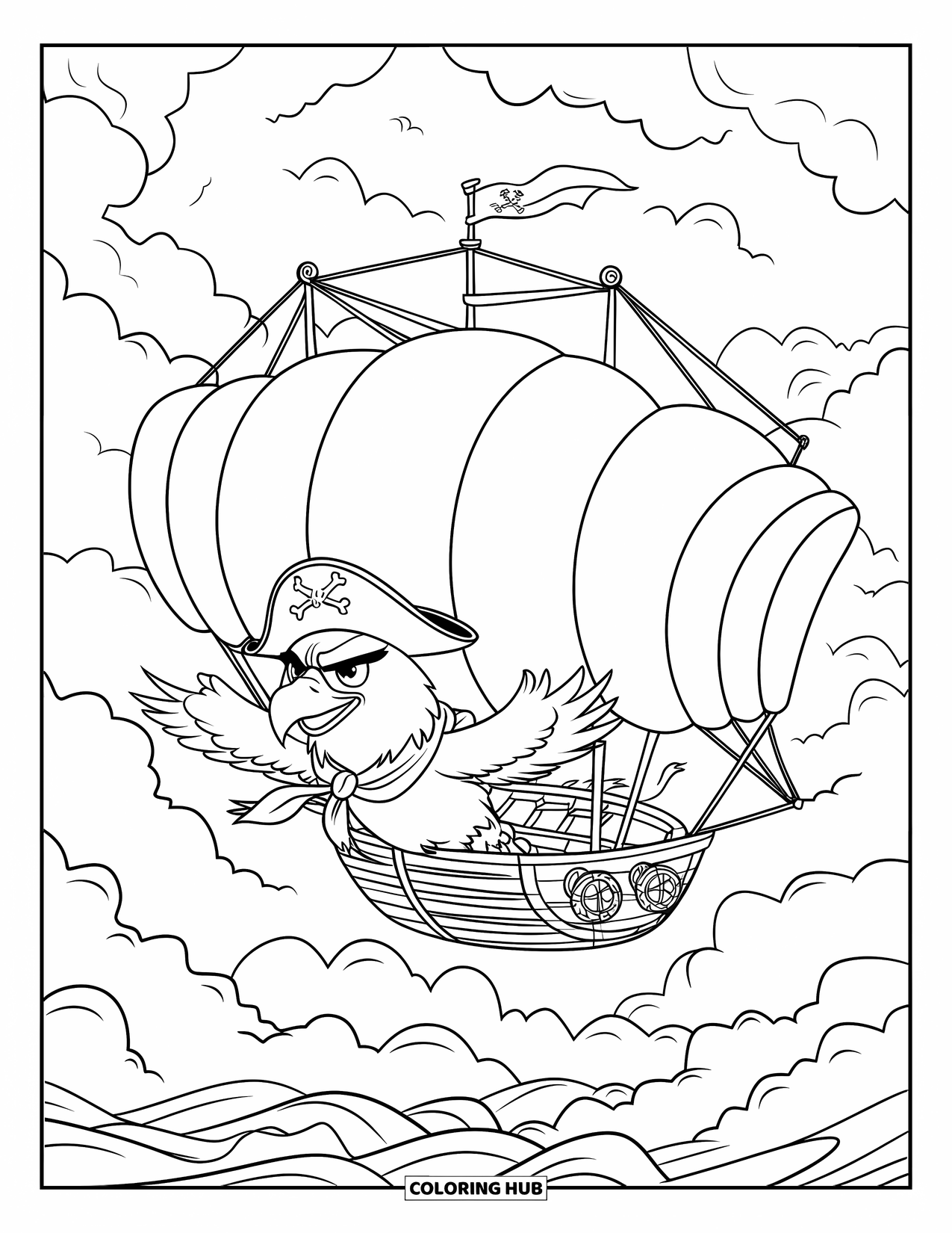 Coloriage d'aigle pour enfants : Un aigle pirate guide un dirigeable à travers des cieux sombres au-dessus de mers agitées
