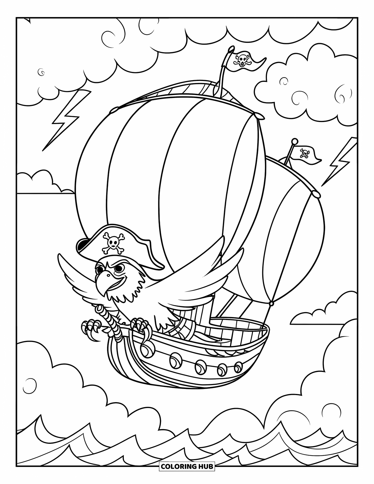 Coloriage d'aigle pour enfants : Un aigle pirate dirige un dirigeable à travers des nuages orageux et des éclairs