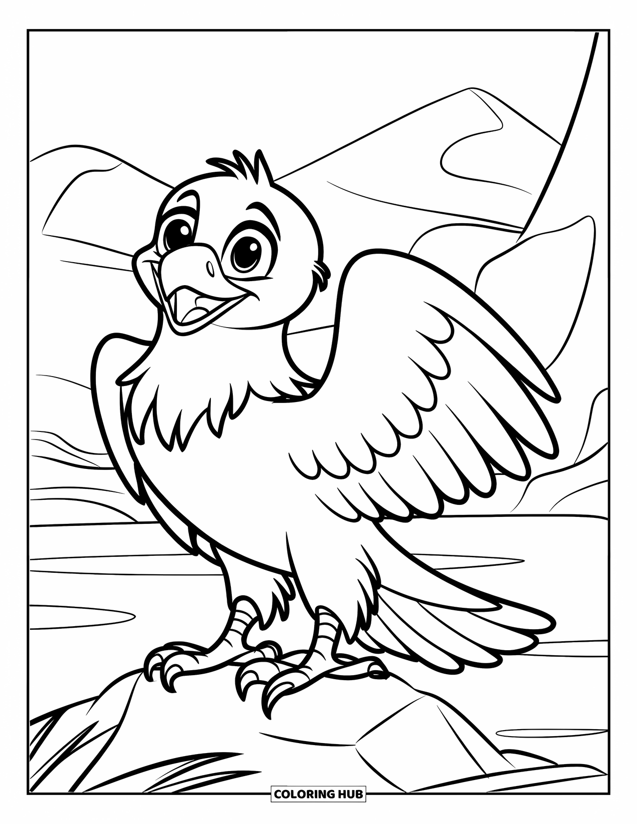 Coloriage d'aigle pour enfants : Un aigle joueur avec de grandes ailes se tient sur un rocher près de l'eau et des montagnes