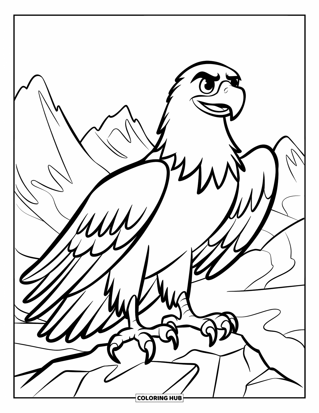 Coloriage d'aigle pour enfants : Un aigle fier déploie ses ailes sur un pic rocheux avec des montagnes derrière