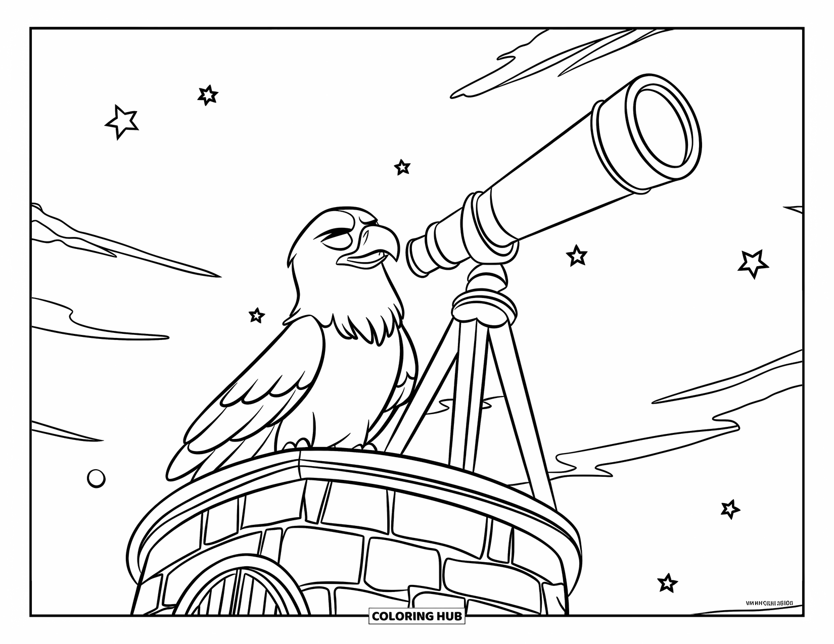 Coloriage d'aigle pour enfants : Un aigle astronome en robe se tient sur une tour sous un ciel nocturne paisible