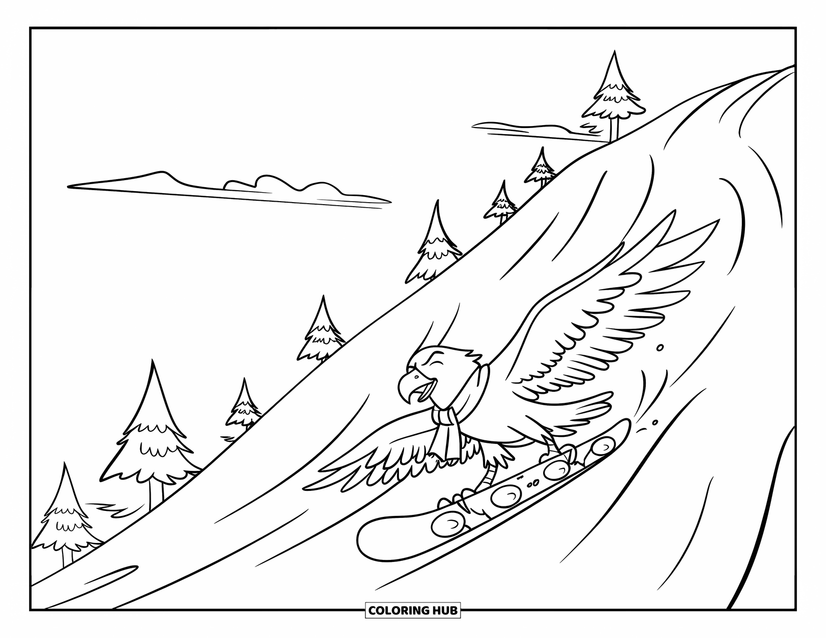Coloriage d'aigle pour enfants : Un aigle écharpé avec les yeux fermés profite d'une descente enneigée sur un sentier de montagne