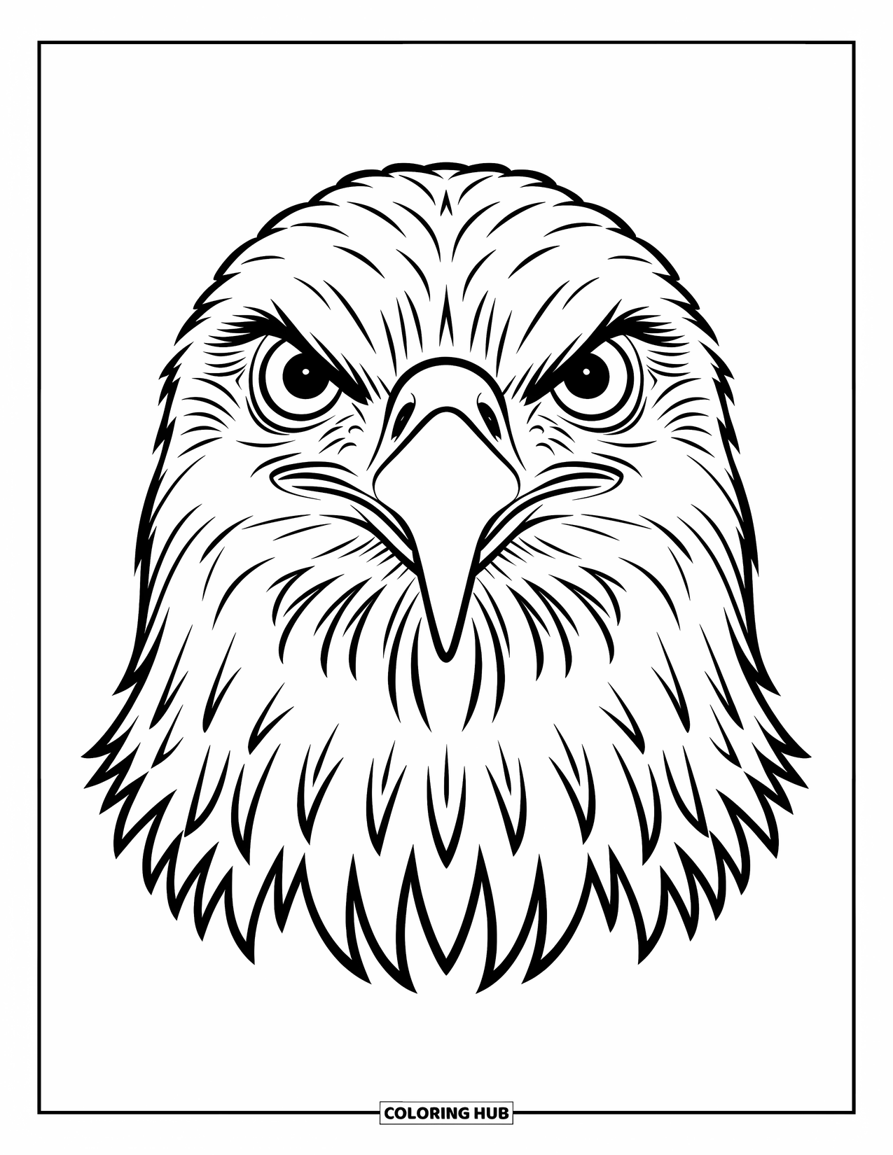 Coloriage d'aigle pour enfants : Un visage d'aigle simple avec de grands yeux et un bec pointu se distingue sur fond blanc