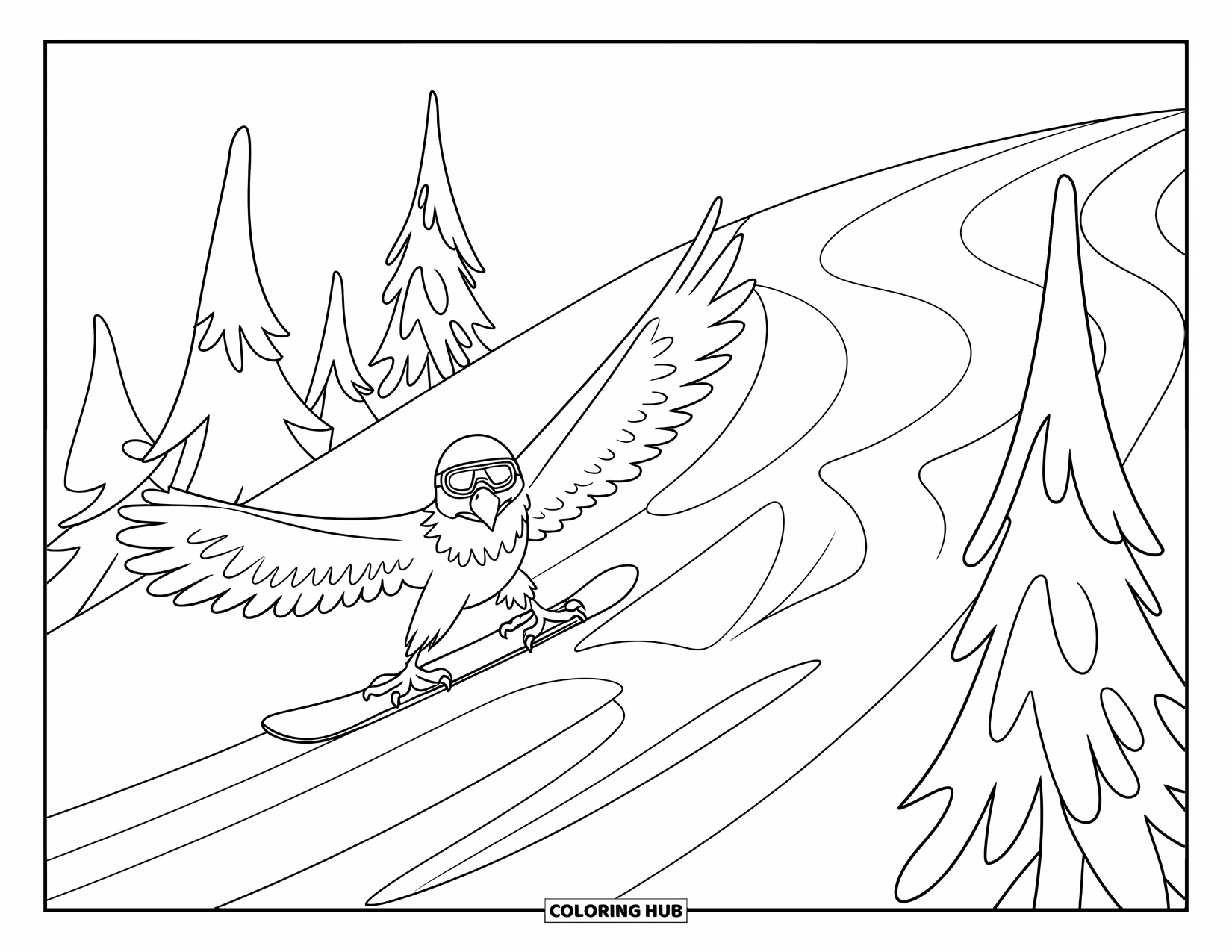 Coloriage d'aigle pour enfants : Un aigle snowboardeur descend une pente à travers des arbres enneigés avec un casque