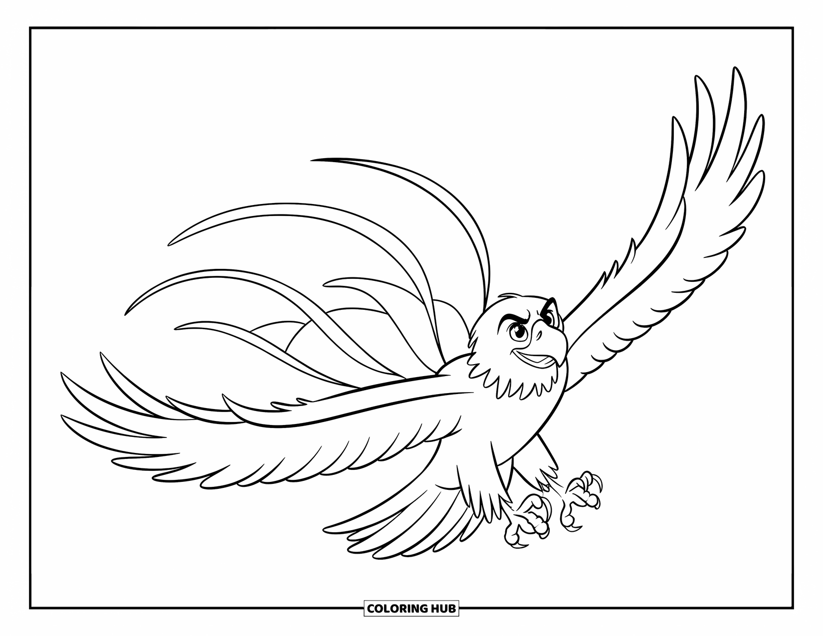 Coloriage d'aigle pour enfants : Un aigle planant vole vers l'avant avec des plumes tourbillonnantes traînant derrière
