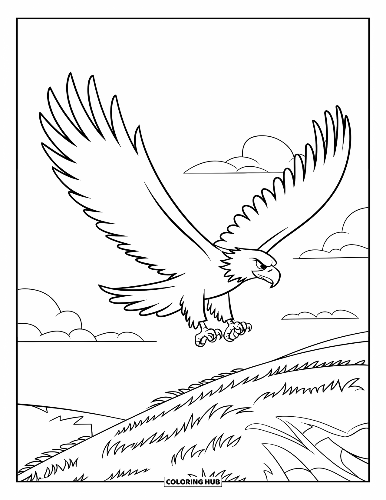 Coloriage d'aigle pour enfants : Un aigle planant glisse au-dessus de collines herbeuses et d'un ciel clair et lumineux