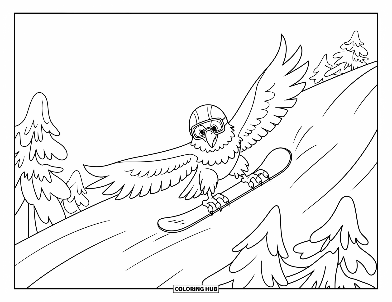 Coloriage d'aigle pour enfants : Un aigle rapide fait du snowboard sur une montagne avec des arbres enneigés à proximité