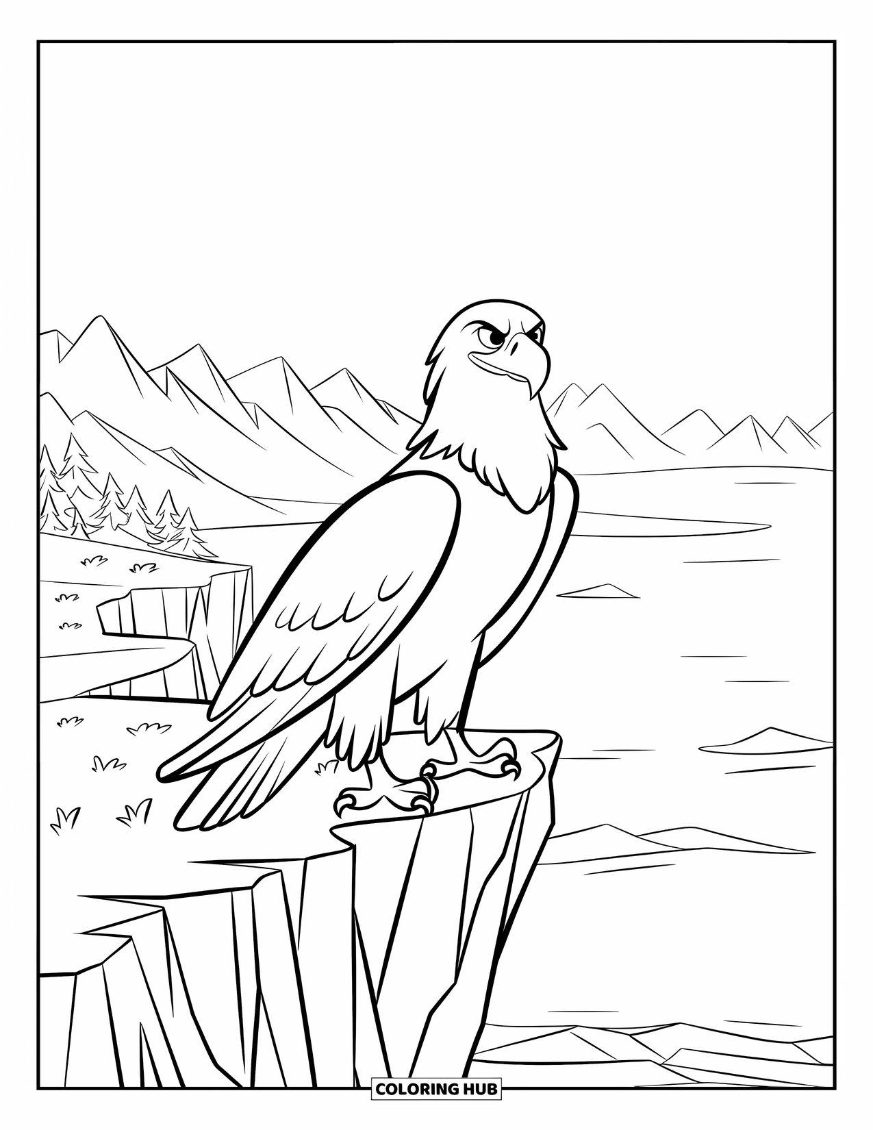 Coloriage d'aigle pour enfants : Un aigle fort agrippe le bord d'une falaise, regardant la nature sauvage en contrebas