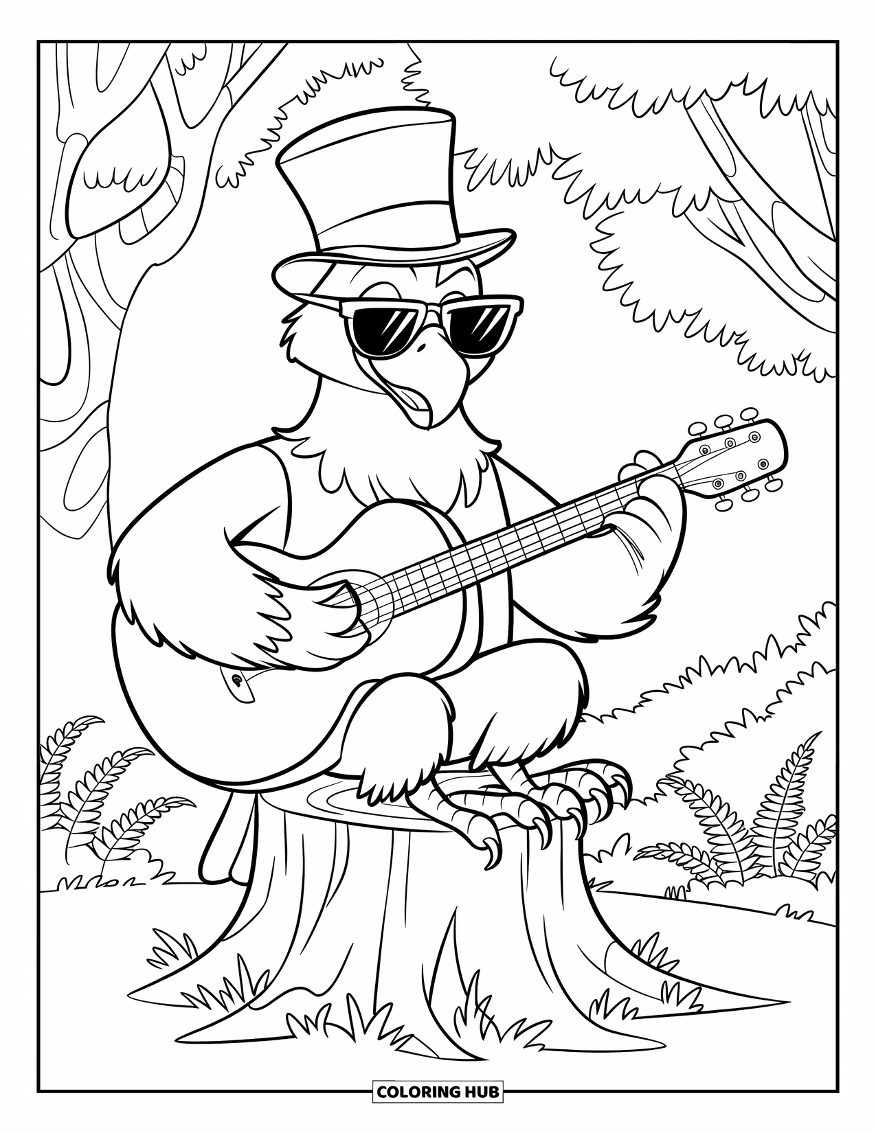 Coloriage d'aigle pour enfants : Un aigle élégant porte des lunettes de soleil tout en jouant de la guitare dans une forêt luxuriante