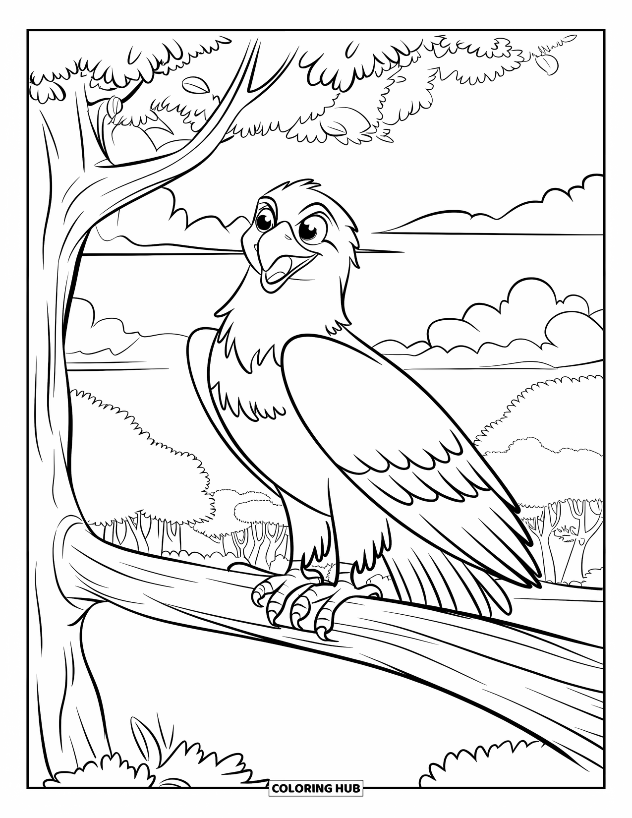 Coloriage d'aigle pour enfants : Un aigle aux yeux écarquillés est perché sur une branche de forêt avec une vue calme sur la montagne
