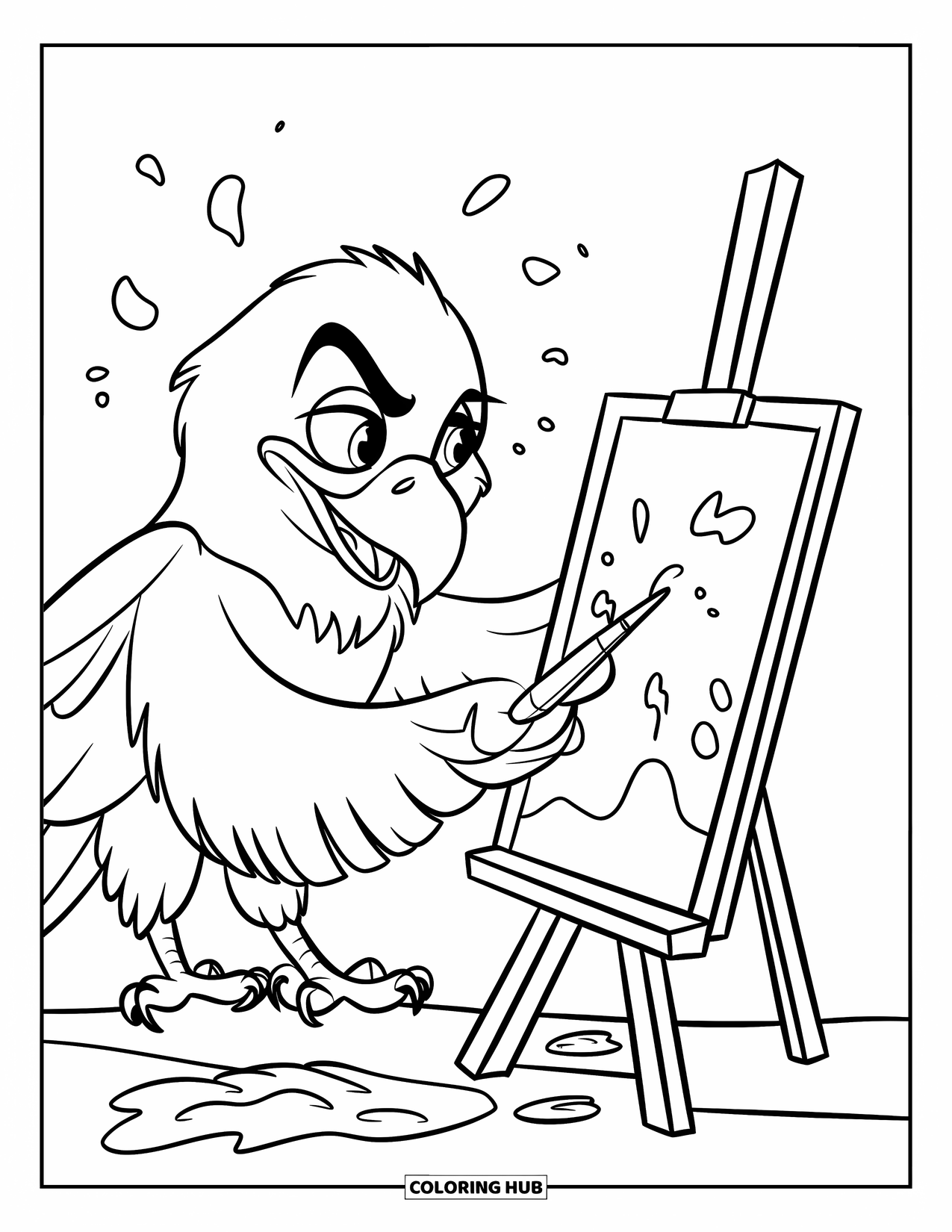 Coloriage d'aigle pour enfants : Un aigle artiste peint sur une toile avec des éclaboussures de peinture à proximité