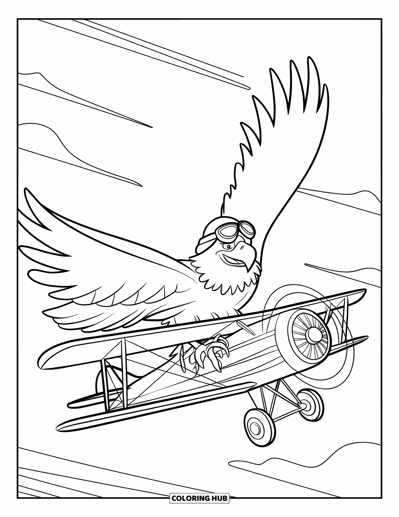 Coloriage d'aigle pour enfants : Un aigle s'accroche à une aile de biplan alors qu'il plane à travers des nuages vaporeux