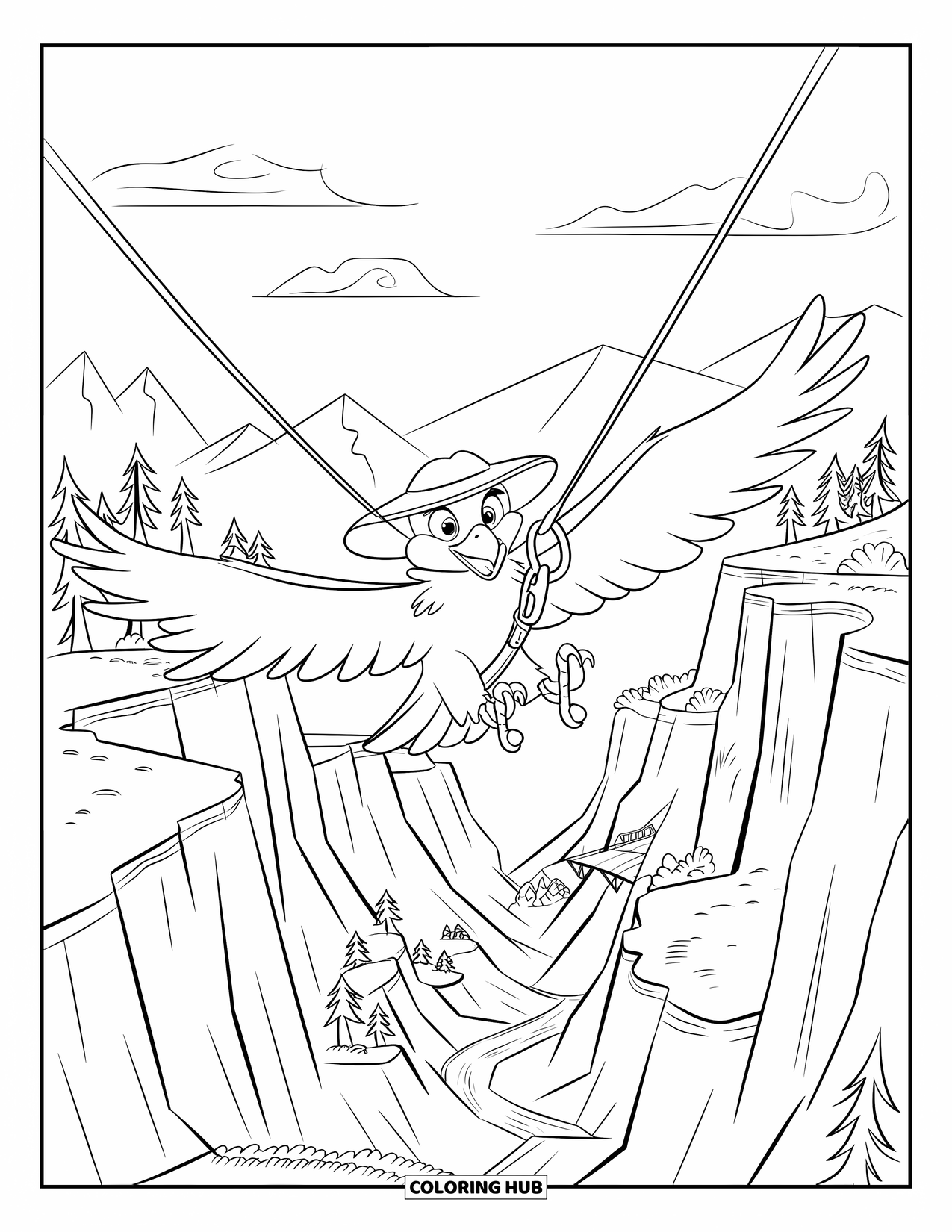 Coloriage d'aigle pour enfants : Un aigle explorateur fait de la tyrolienne à travers un canyon avec des arbres et le ciel derrière