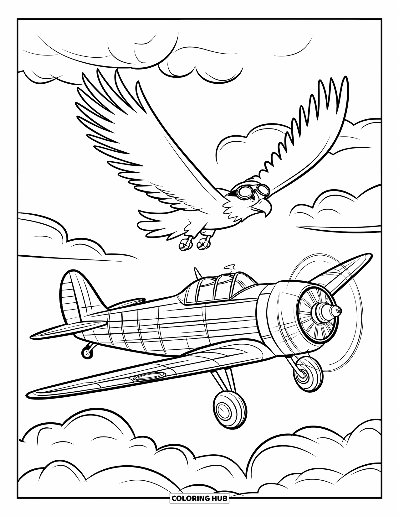 Coloriage d'aigle pour enfants : Un aigle vole à côté d'un avion à hélice dans un ciel rempli de nuages