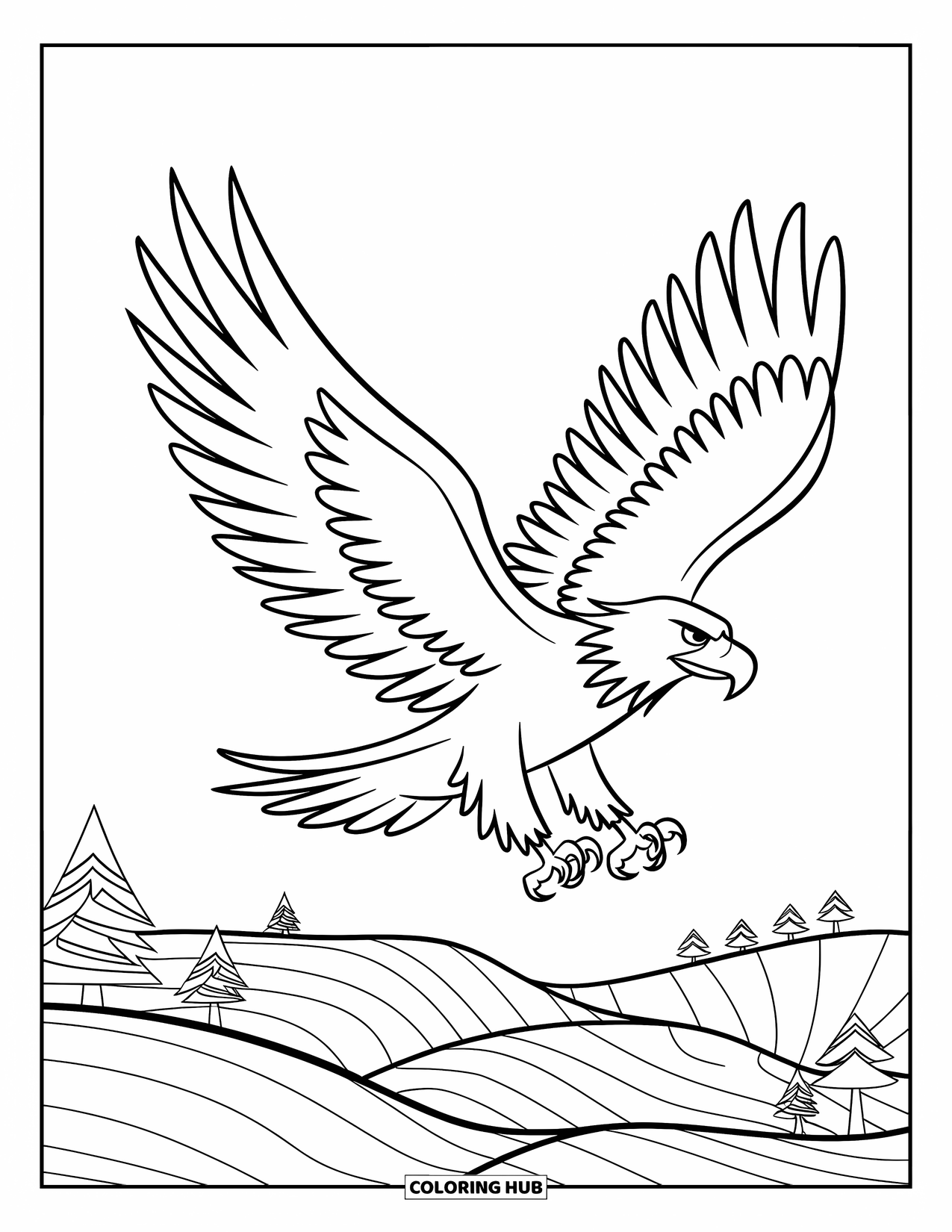Coloriage d'aigle pour enfants : Un aigle vole haut au-dessus de collines bordées d'arbres avec de grandes ailes ouvertes