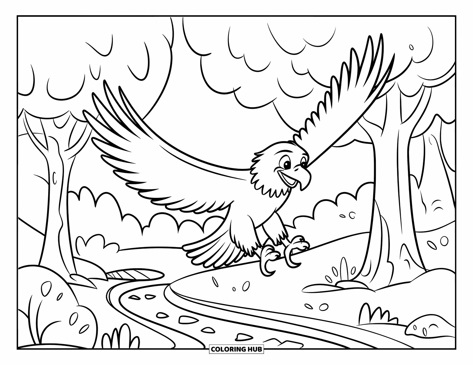 Coloriage d'aigle pour enfants : Un aigle plane au-dessus des arbres et d'une rivière paisible avec des montagnes à proximité