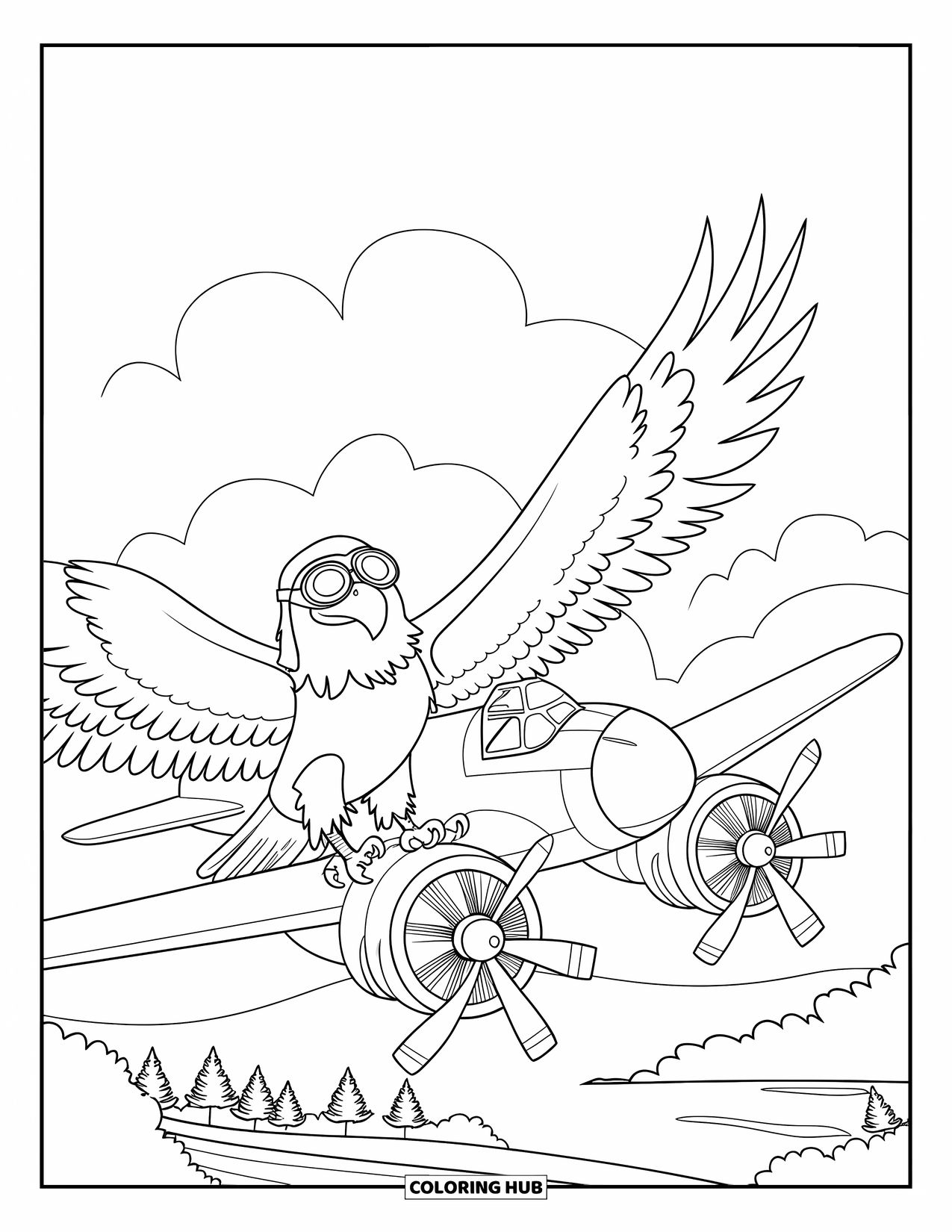 Coloriage d'aigle pour enfants : Un aigle agrippe une aile d'avion, volant haut au-dessus des arbres et de l'eau