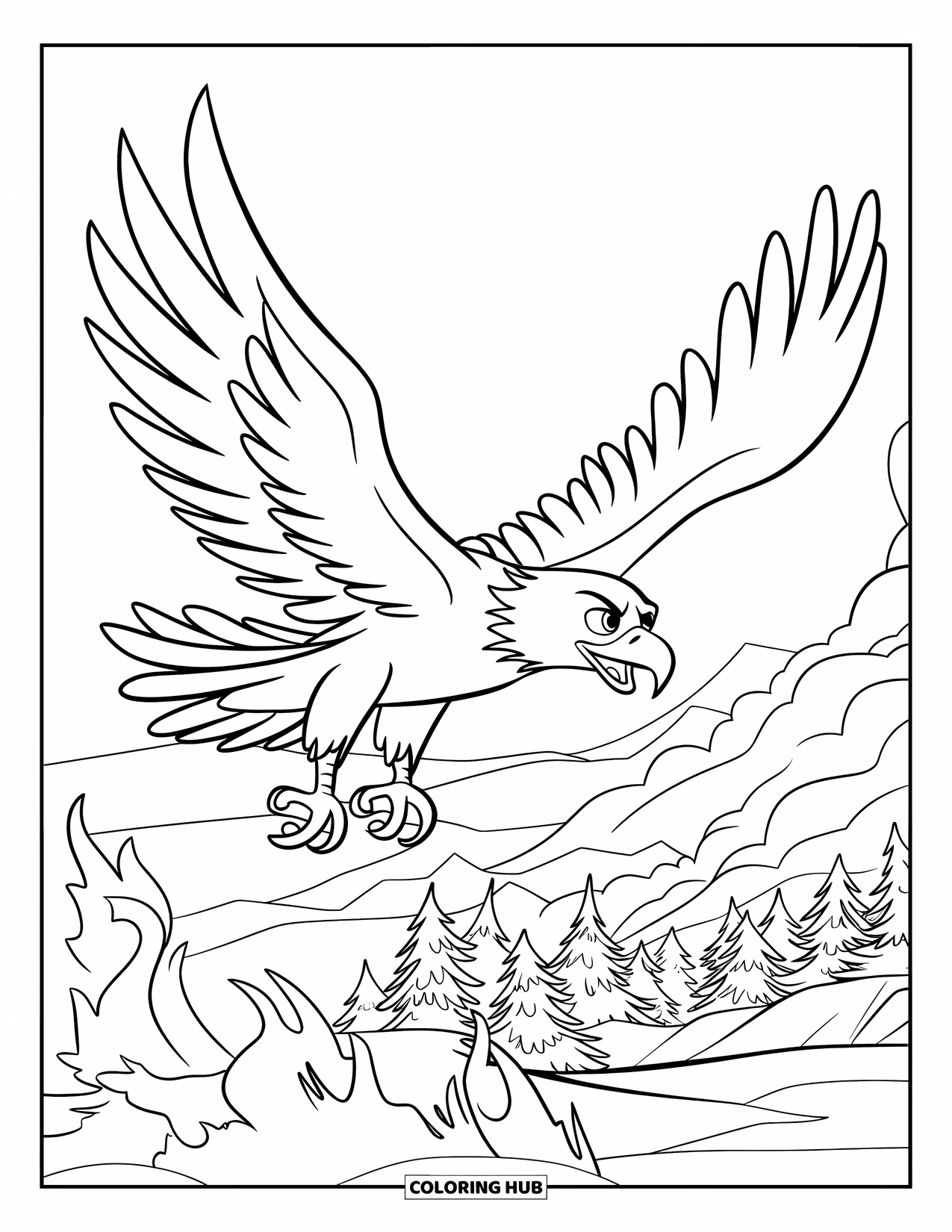Coloriage d'aigle pour enfants : Un aigle héros plane au-dessus d'arbres en feu avec de la fumée s'élevant dans le ciel