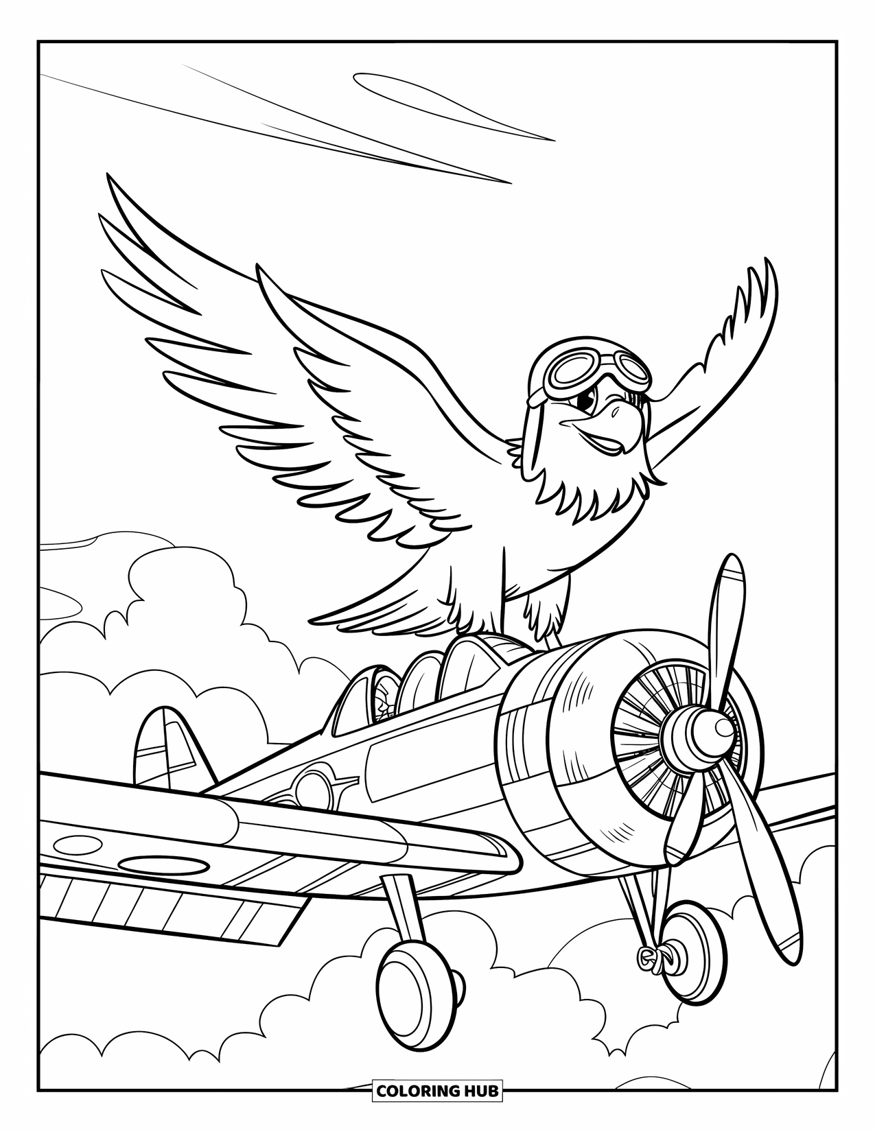 Coloriage d'aigle pour enfants : Un aigle avec des lunettes d'aviateur chevauche l'aile d'un avion vintage
