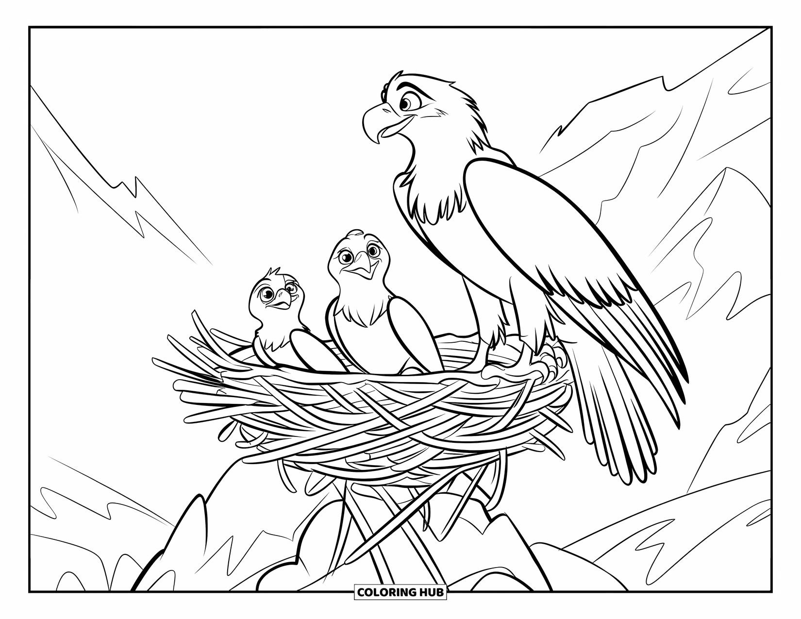 Coloriage d'aigle pour enfants : Une maman aigle garde son nid de poussins sur un rebord rocheux