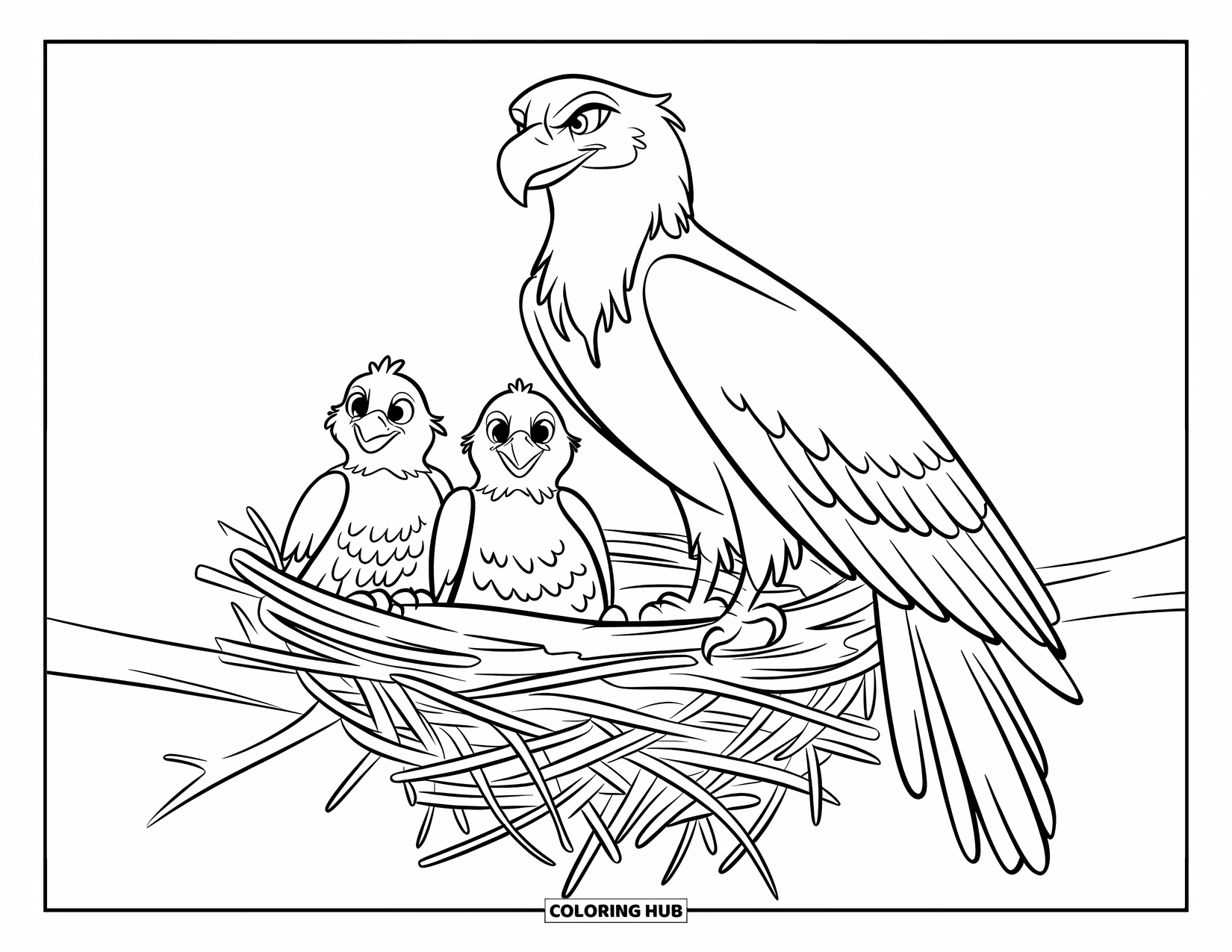 Coloriage d'aigle pour enfants : Une maman aigle veille sur ses poussins dans un nid sur une branche