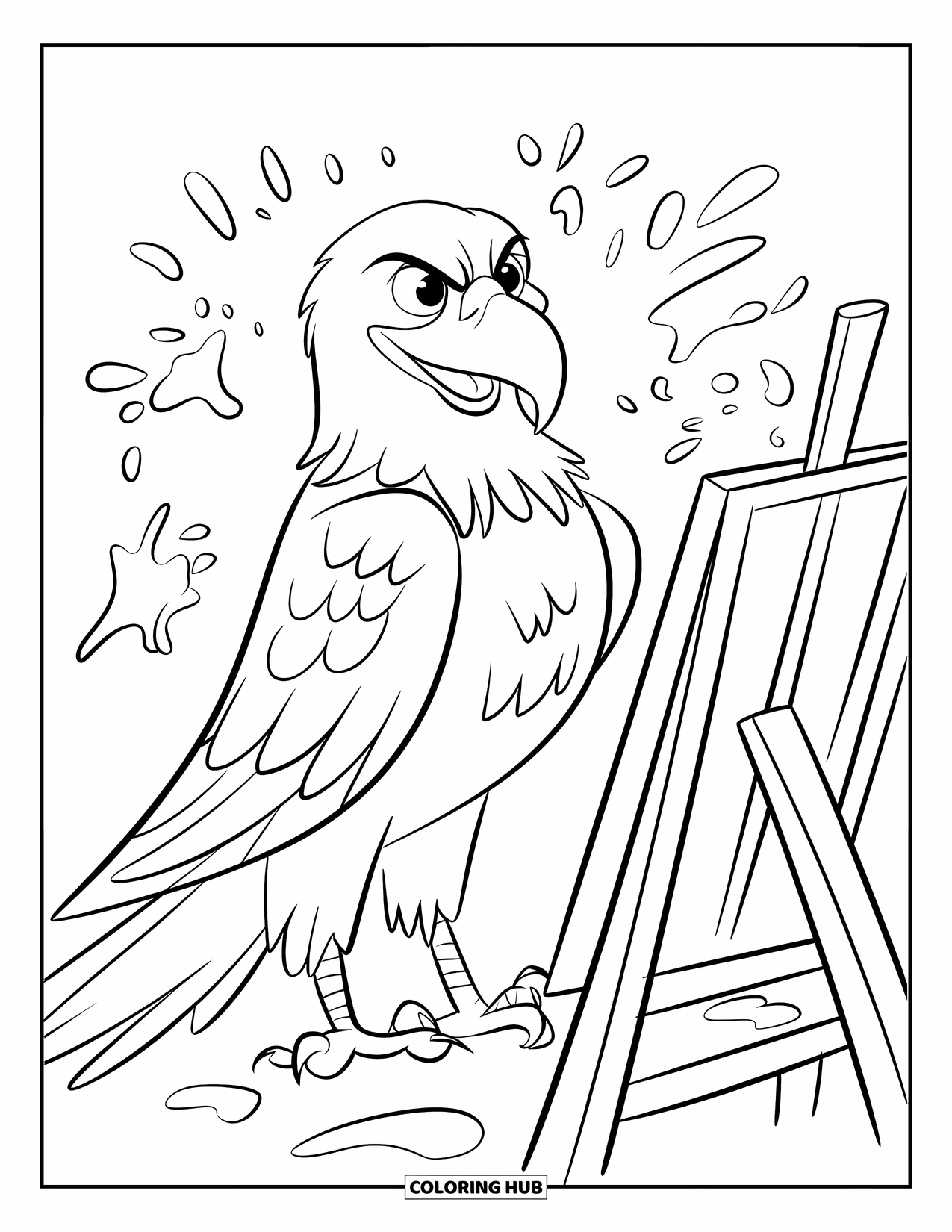 Coloriage d'aigle pour enfants : Un aigle peint sur une toile avec des traits audacieux et un bec brillant