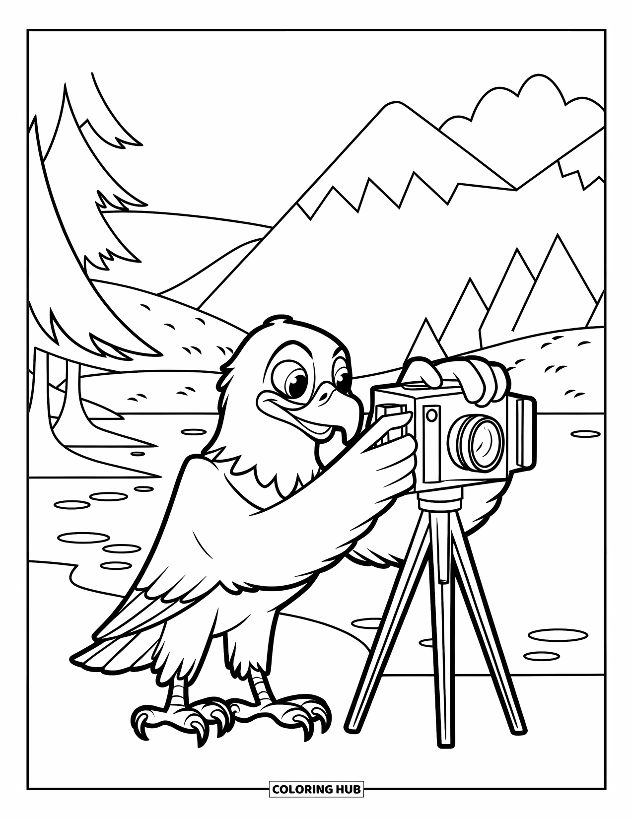 Coloriage d'aigle pour enfants : Un aigle photographe prend des photos de montagnes et d'arbres avec un appareil photo sur trépied