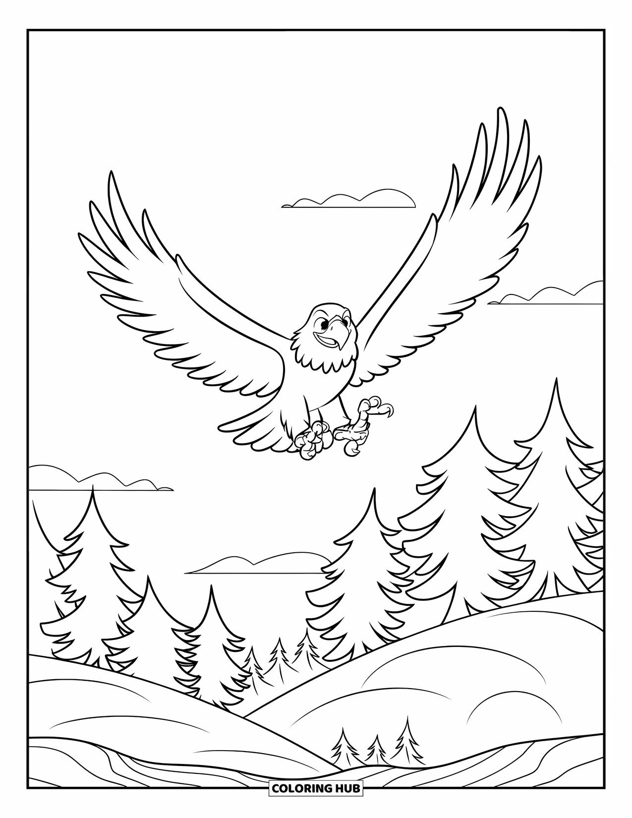 Coloriage d'aigle pour enfants : Un aigle plane au-dessus d'une forêt de pins et de collines herbeuses