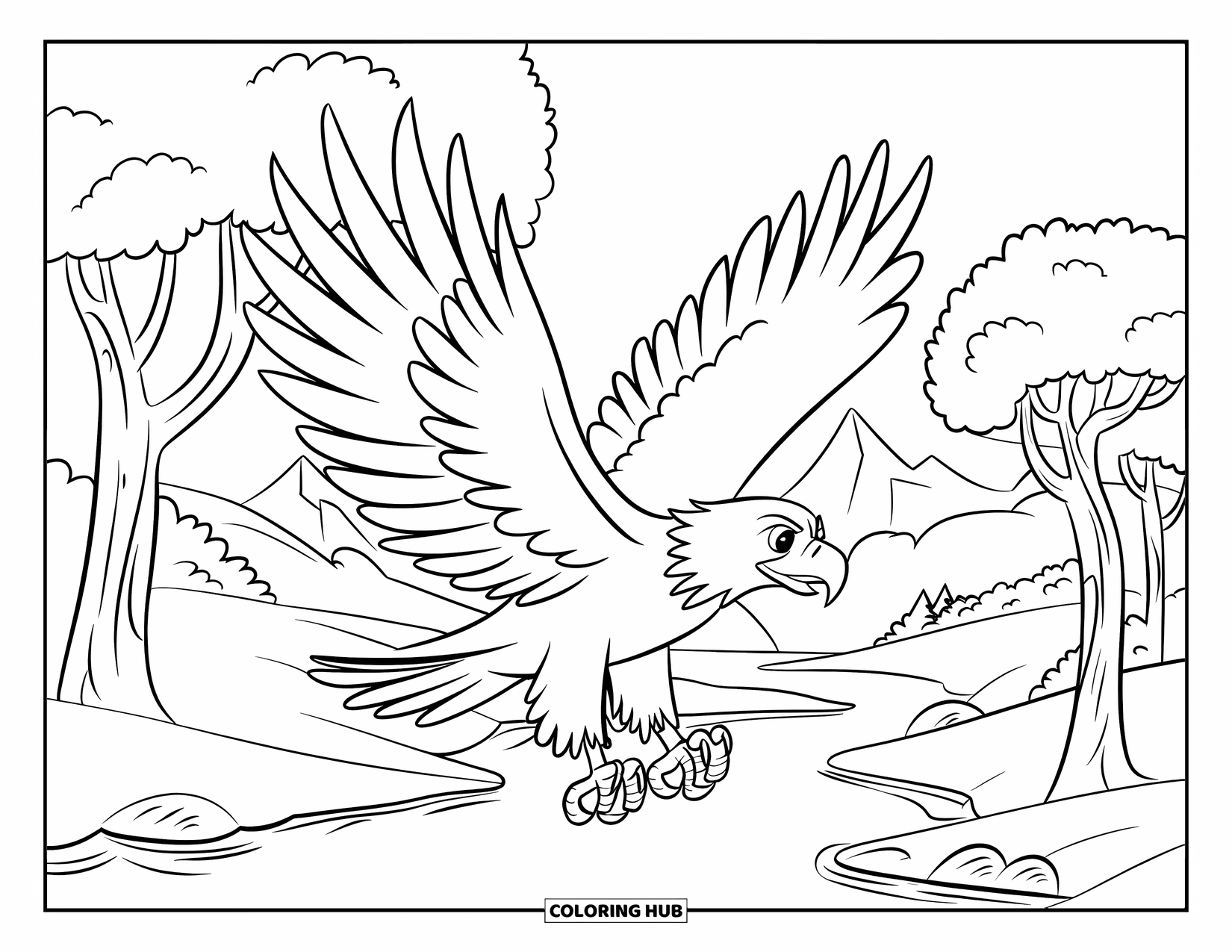 Coloriage d'aigle pour enfants : Un aigle plane au-dessus d'une rivière sinueuse et d'arbres feuillus