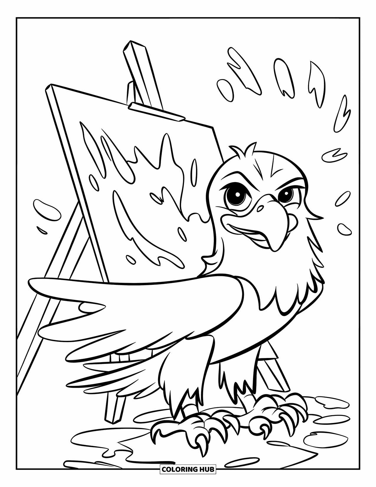 Coloriage d'aigle pour enfants : Un aigle éclabousse de la peinture sur une toile dans une scène vierge et ludique